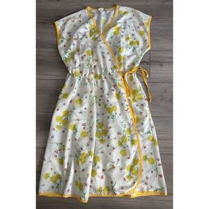 Vtg Wrap House Dress Floral Patterns Yellow Trim Sz M